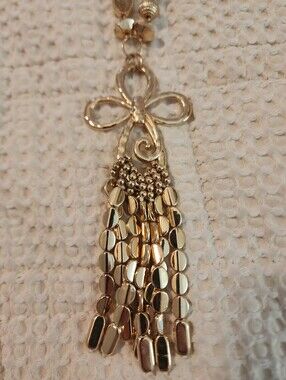 Contemporary Chunky Goldtone Cross Pendant With Tassles Long Necklace
